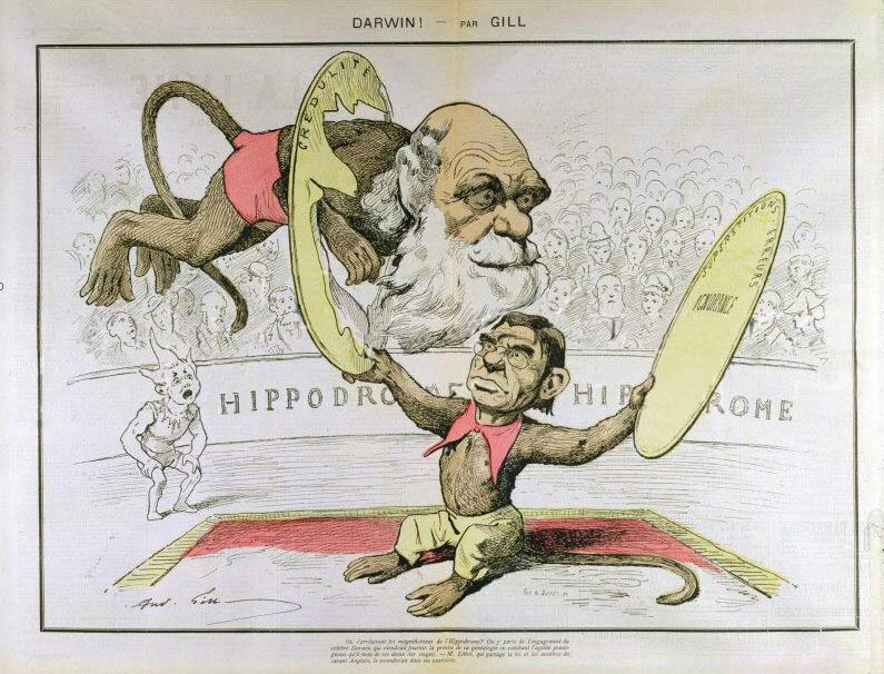 Caricature of Émile Littré and Charles Darwin depicted as performing monkeys, by André Gill.