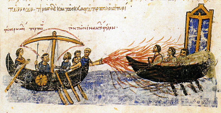 Depiction of Greek fire in the Madrid Skylitzes