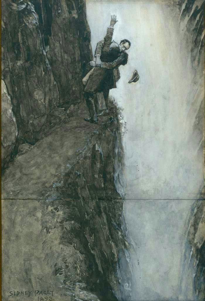 Holmes and Moriarty struggle at the Reichenbach Falls; drawing by Sidney Paget.