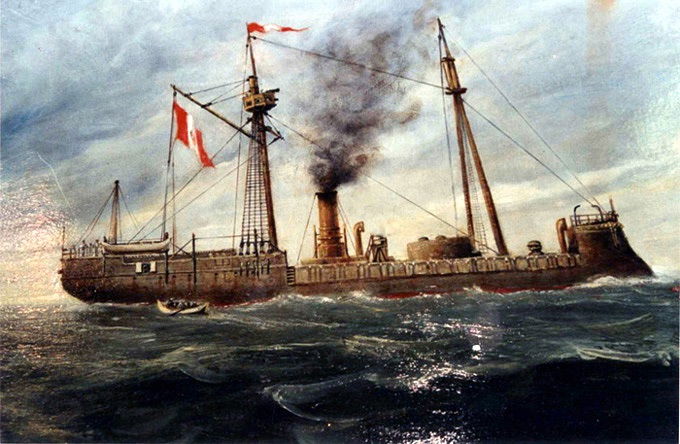 Huáscar in Peruvian service before her foremast was removed in June 1879