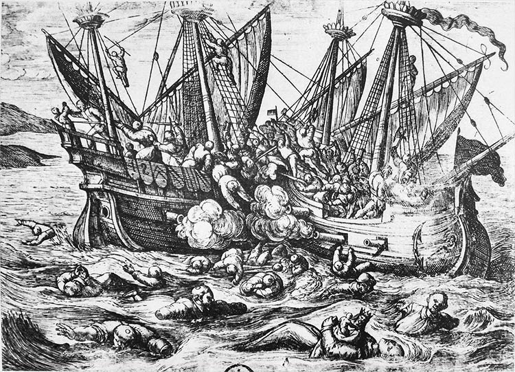 16th-century propaganda print depicting Huguenot aggression against Catholics at sea