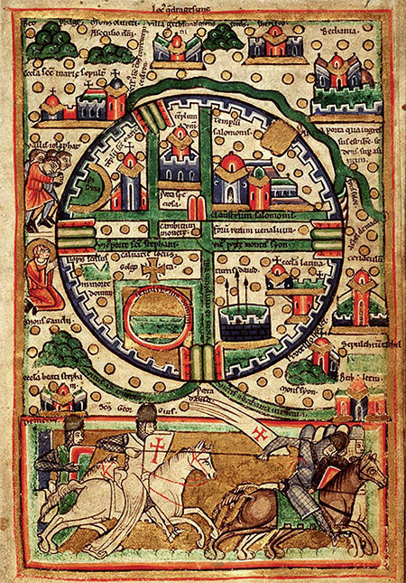 A 12th-century French map of Jerusalem showing the main religious sites and crusaders chasing out the infidel.