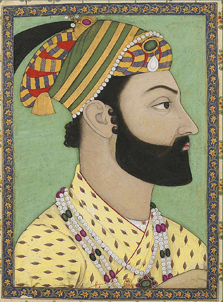 A 1757 miniature of Ahmad Shāh Durrānī, the Emir of Afghanistan, in which the Koh-i-Noor diamond is seen hanging on the front of his crown, above his forehead.