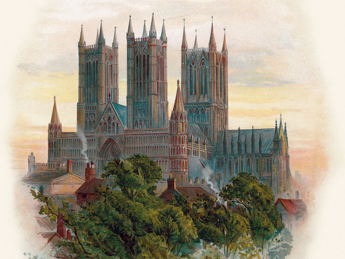 City on the hill: the south-west face of Lincoln Cathedral. Illustration by Arthur Wilde Parsons, 1888. 