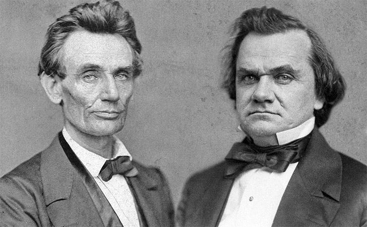 Composite image of portrait photographs of Abraham Lincoln and Stephen Douglas