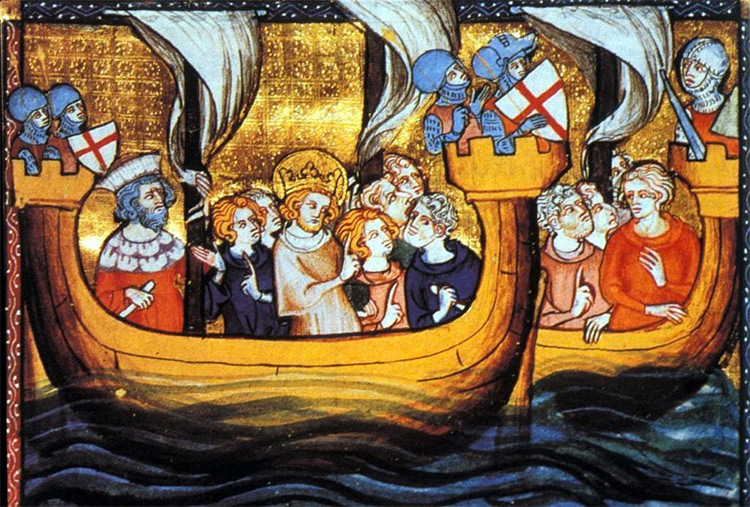 Louis IX on a ship departing from Aigues-Mortes, for the Seventh Crusade.