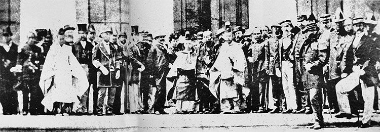 A teenage Emperor Meiji with foreign representatives at the end of the Boshin War, 1868-1870.