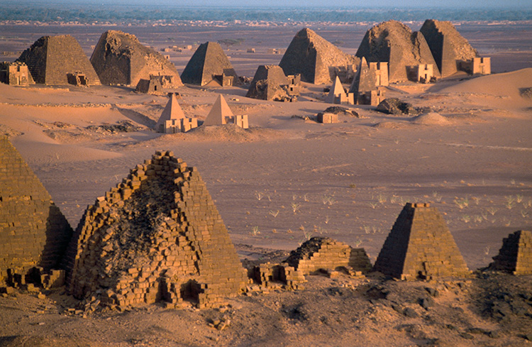 Funeral pyramids and temples from the Kingdom of Kush dating from 800 BC to AD 350 at Meroe, Sudan.