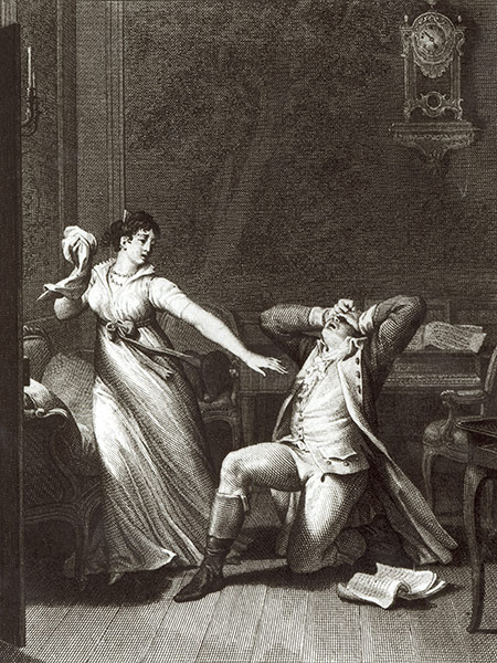 Grief unconfined: illustration by Jean-Baptiste Simonet, from The Sorrows of Young Werther, 18th century. 