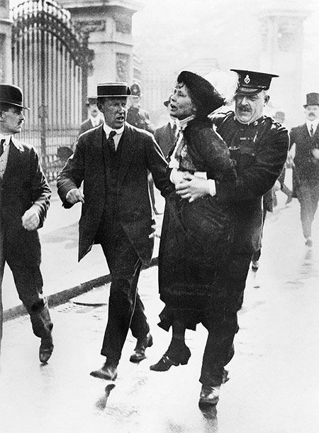 Emmeline Pankhurst is arrested by police outside Buckingham Palace while trying to present a petition to George V in May 1914