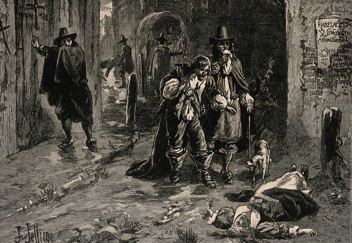 Two men discovering a dead woman in the street during the Great Plague of London, 1665. Wellcome Collection.