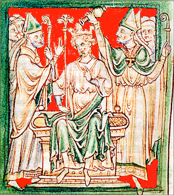 Richard I being anointed during his coronation in Westminster Abbey, from a 13th-century chronicle