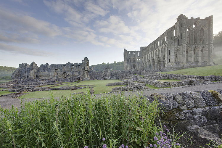 The ruins of Rievaulx Abbey on the River Rye in North Yorkshire by WyrdLight.com. Licensed under CC BY-SA 3.0 via Wikimedia Commons.