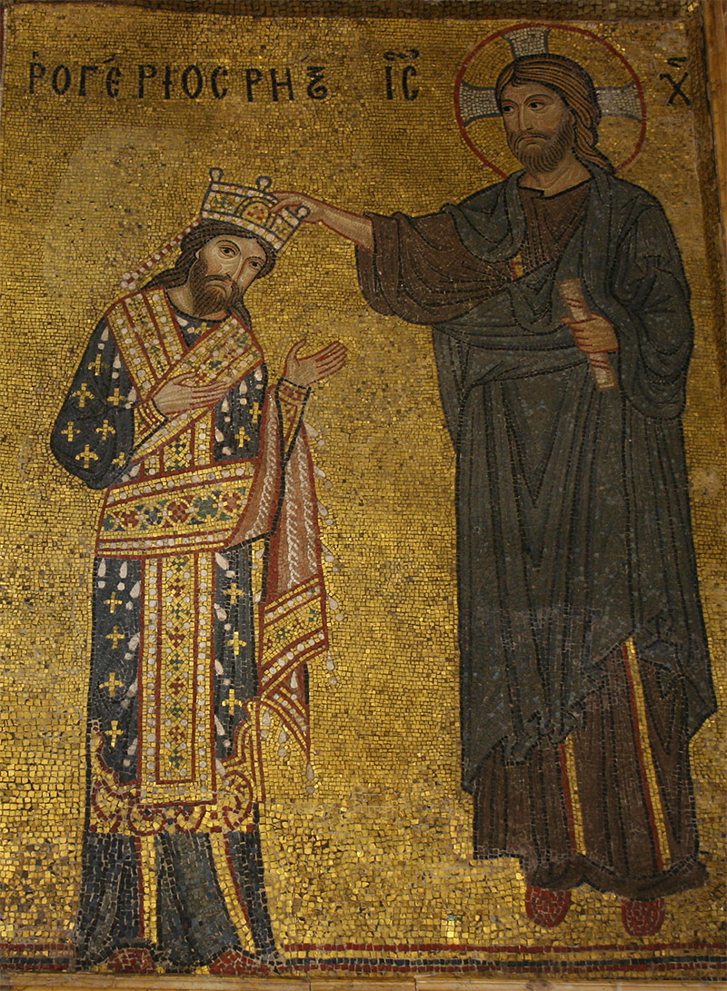 Detail of the mosaic with Roger II receiving the crown from Christ, Martorana, Palermo.