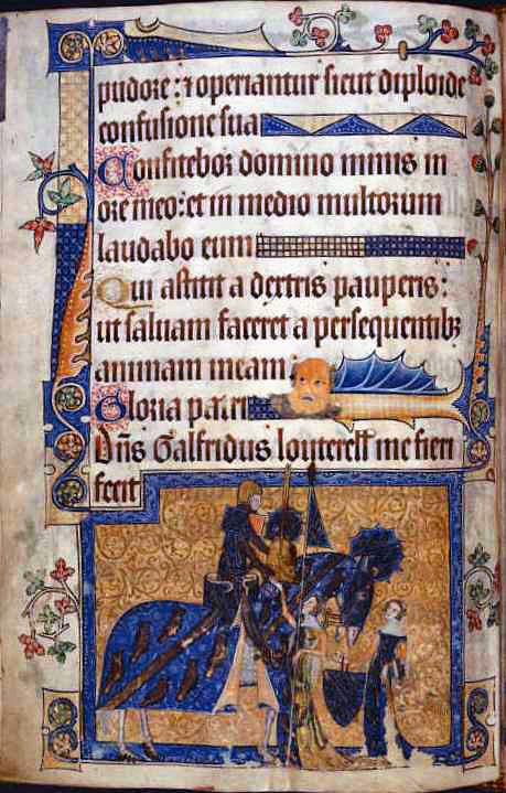 Sir Geoffrey Luttrell, mounted, being assisted by his wife and daughter-in-law. Folio 202v.