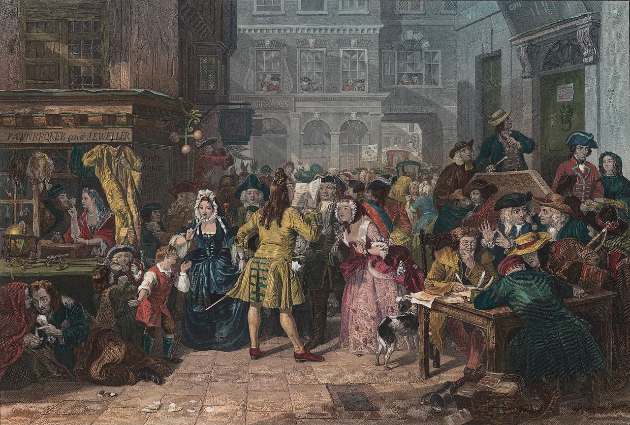 Hogarthian image of the 1720 "South Sea Bubble" from the mid-19th century, by Edward Matthew Ward, Tate Gallery