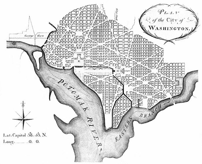 Andrew Ellicott's 1792 revision of L'Enfant's plan of 1791–1792 for the Federal City, later Washington City, District of Columbia.