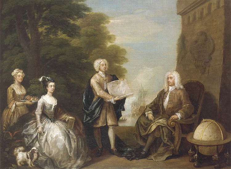 Rogers (right) receives a map of New Providence Island from his son, in a painting by William Hogarth (1729)Rogers (right) receives a map of New Providence Island from his son, in a painting by William Hogarth (1729)