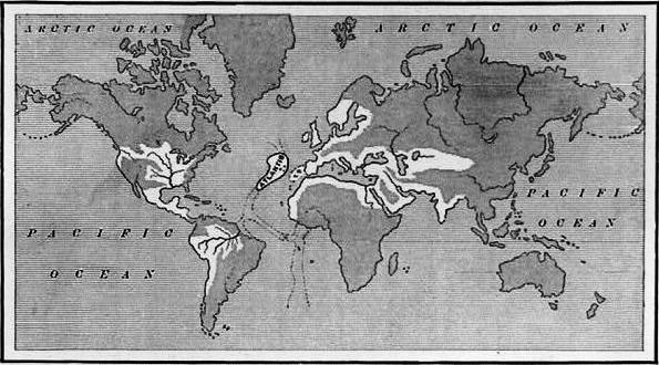 A map showing the supposed extent of the Atlantean Empire. From Ignatius L. Donnelly's Atlantis: the Antediluvian World, 1882