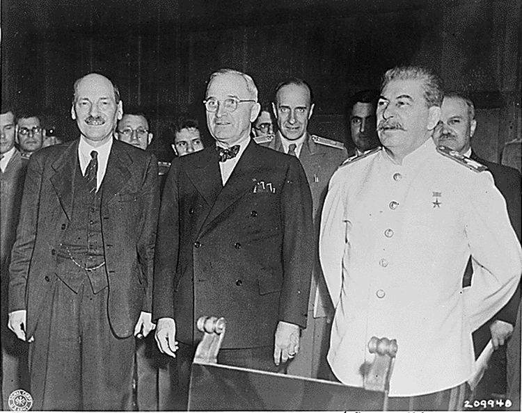 L-R: Clement Attlee, President Harry S. Truman and Joseph Stalin at the 1945 Potsdam Conference