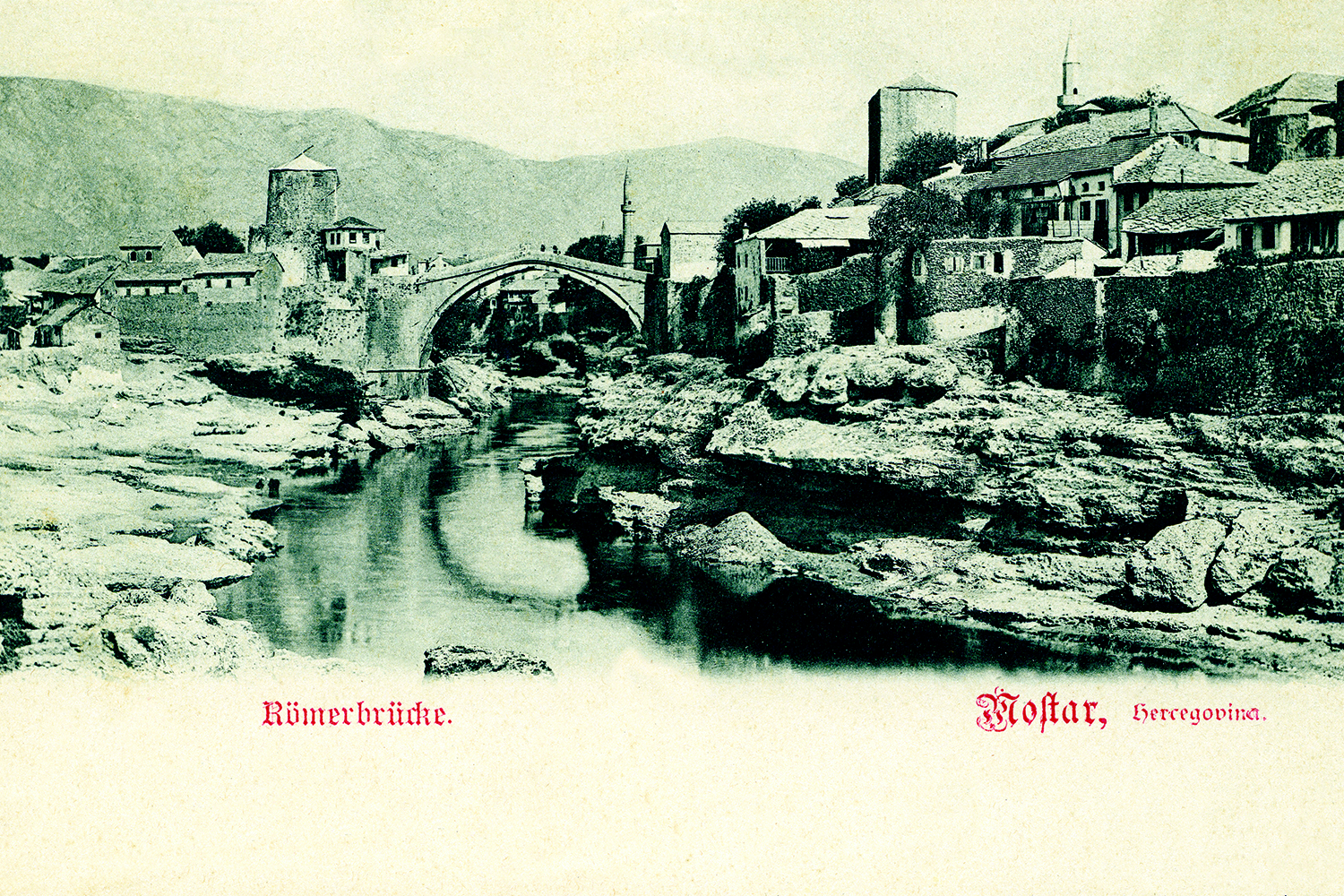 The Stari Most bridge, Mostar, Bosnia and Herzegovina, early 1900s. 