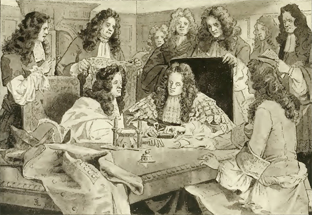 The Sealing of the Bank of England Charter, 1694. Seated left to right: Sir John Houblon, Governor; Sir John Somers, Lord Keeper; Mr Michael Godfrey, Deupty Governor