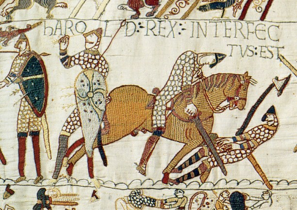 Harold Rex Interfectus Est: "King Harold is killed". Scene from the Bayeux Tapestry depicting the Battle of Hastings. Harold grasps the arrow lodged in his eye.