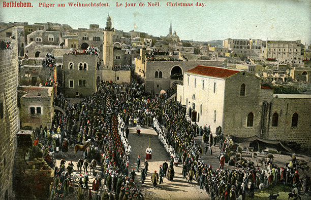 A postcard showing the Christmas Day procession to the Church of the Nativity, c. 1900. Getty Images/Culture Club