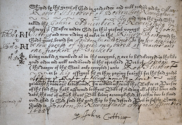 Evidence of marine life: a bill of lading from December 1655. National Archives