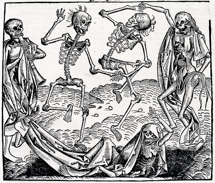  Inspired by the Black Death, The Dance of Death or Danse Macabre, an allegory on the universality of death, is a common painting motif in the late medieval period.