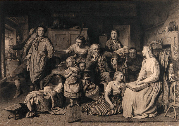 Night and Darkness: a blind girl reads to her family in a 19th-century illustration