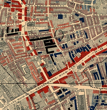 Part of Booth's map of Whitechapel 1889. The red areas are "well-to-do"; the black areas are "semi-criminal".