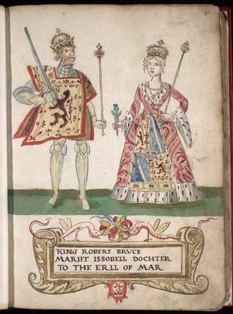 King Robert I of Scotland and his wife, Isabella of Mar. Illustration from 1562