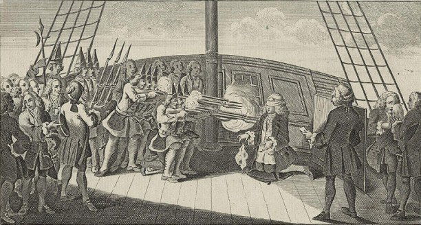 'The Shooting of Admiral Byng on board the Monarque'; artist unknown