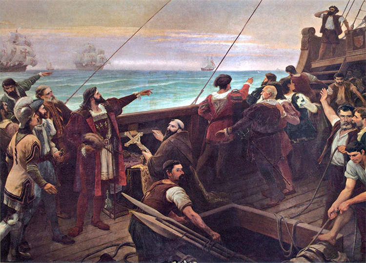 Cabral (center-left, pointing) sights the Brazilian mainland for the first time on 22 April 1500. A painting by Aurélio de Figueiredo