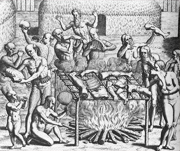 Cannibalism, Brazil. Engraving by Theodor de Bry for Hans Staden's account of his 1557 captivity.