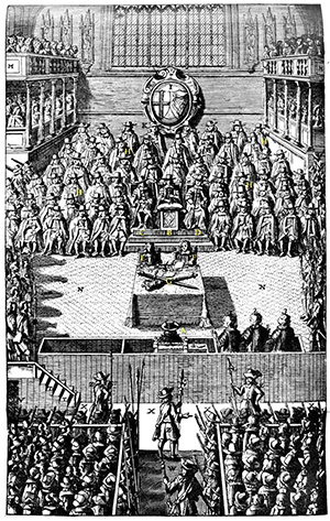 A plate depicting the Trial of Charles I on 4 January 1649.