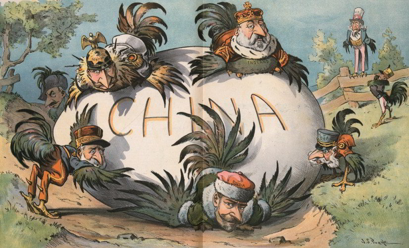 A Troublesome Egg to Hatch by J.S. Pughe, a satire from 1901 on the European powers’attempts to exploit China as the US and Japan look on.