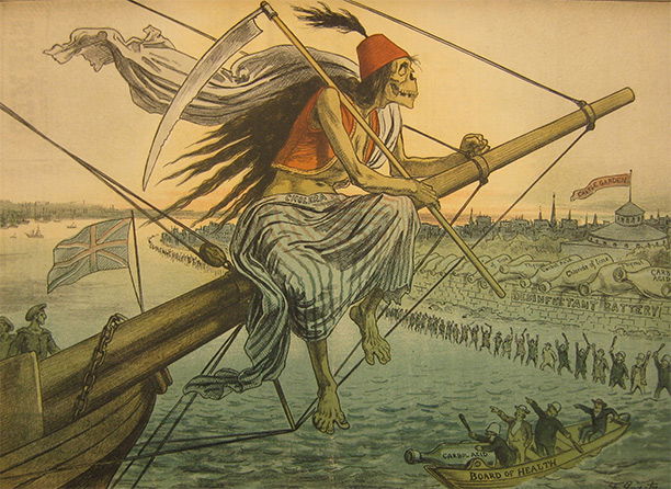 'Cholera on the Bowsprit', an illustration by F. Fritz Graetz, shows the disease personified by a Turkish immigrant. 