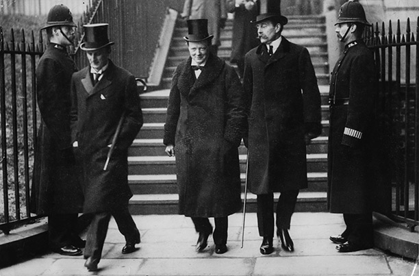 Winston Churchill arriving at a Cabinet meeting in 1910 with Edward Grey (left) and Lord Crewe. Getty Images/Hulton Archive