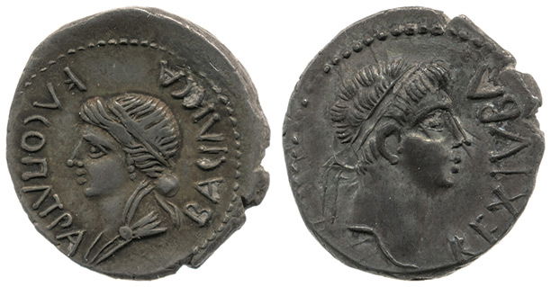 Mauretanian coin of Cleopatra Selene (left, reverse) and her husband Juba II (right, obverse). British Museum