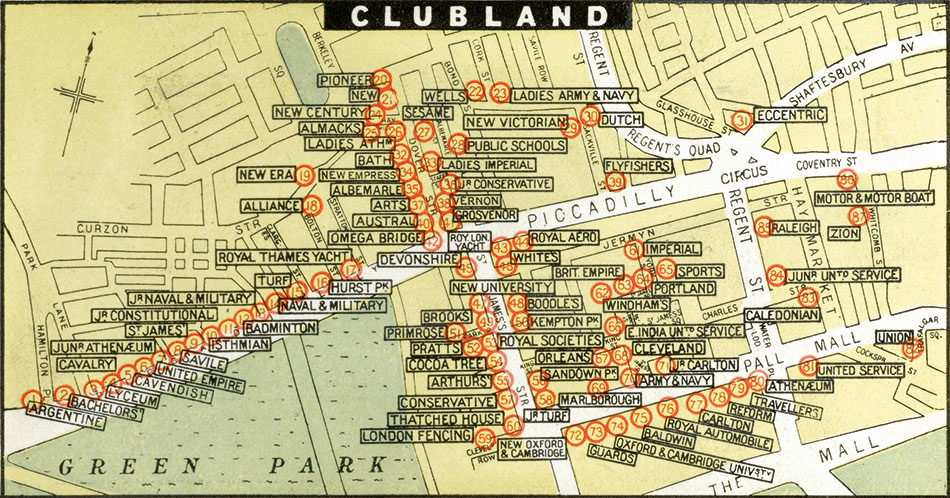 A map of Ladies and Gentlemen's Clubs of the West End of London, c.1910.