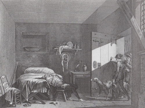 Engraving of the suicide of Condorcet in his prison cell in March 1794, with his jailers entering with their guard dogs.