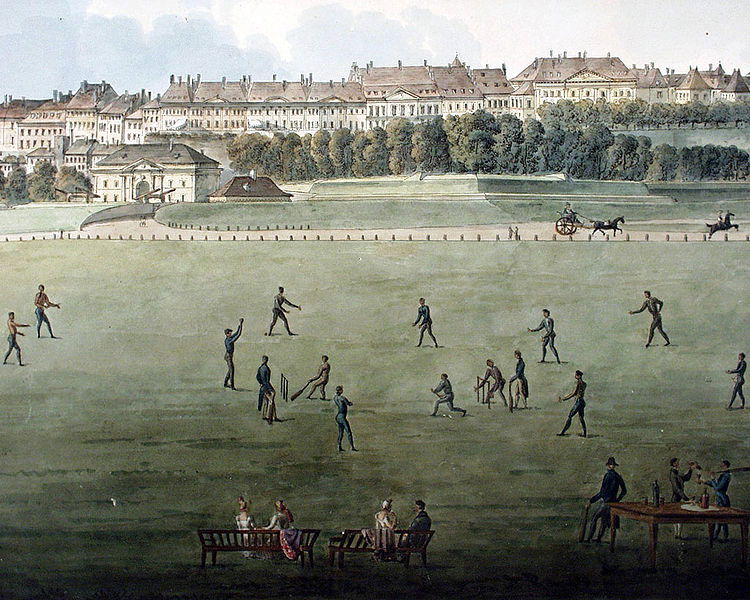 View of Geneva's Plaine de Plainpalais with cricket's players, 1817