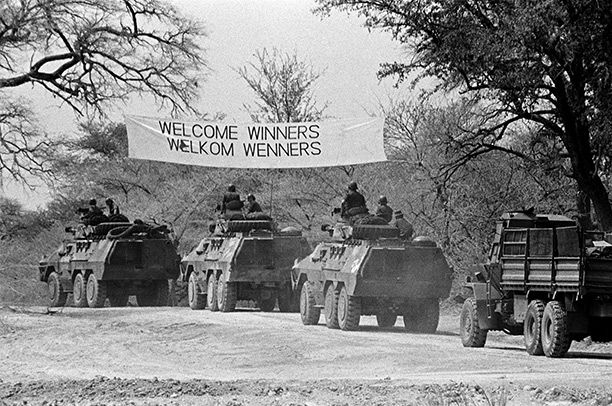 Victor's banner: John Liebenberg's photograph showing an SADF convoy entering Namibia, August 30th, 1988