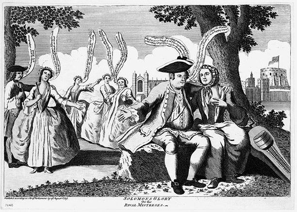 Duke of Cumberland seated on a bank with the Savoyard girl, his arm about her neck. The Duke's rival mistresses stand behind, and are vehemently jealous.