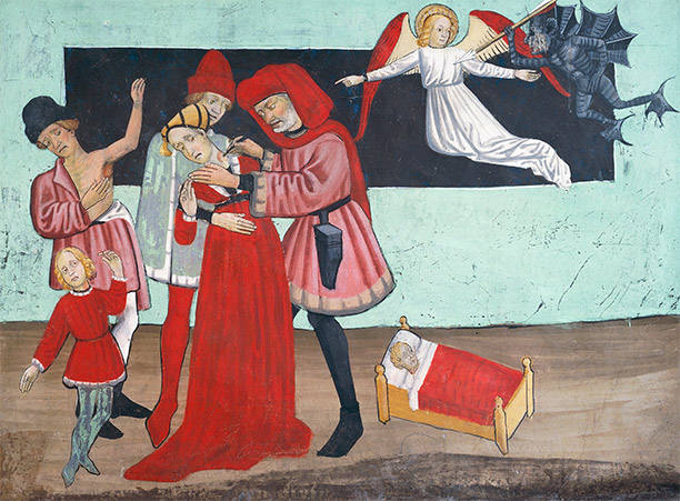 Doctor treating plague victims from the 15th century fresco of the life of Saint Sebastian