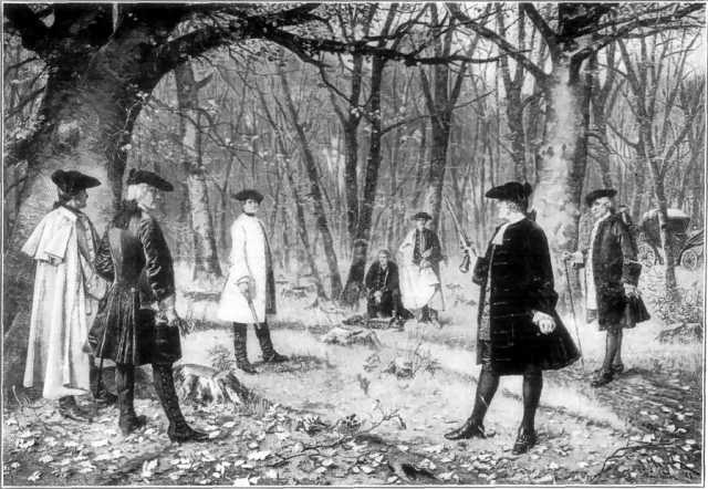 Aaron Burr and Alexander Hamilton prepare to duel