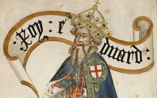 A mediaeval miniature of Edward III of England. The king is wearing a blue garter, of the Order of the Garter, over his plate armour.