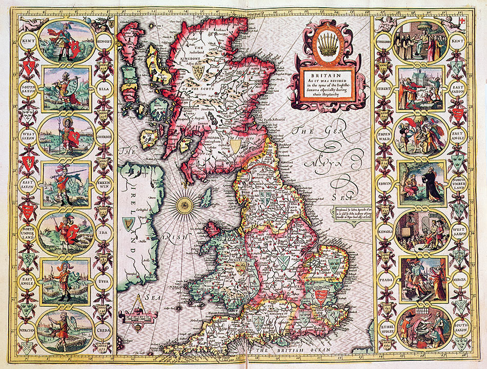 John Speed's 17th-century map, 'Britain as it was Dividied in the Tyme of the Englishe Saxons especially during their Heptarchy'. Click to enlarge. 
